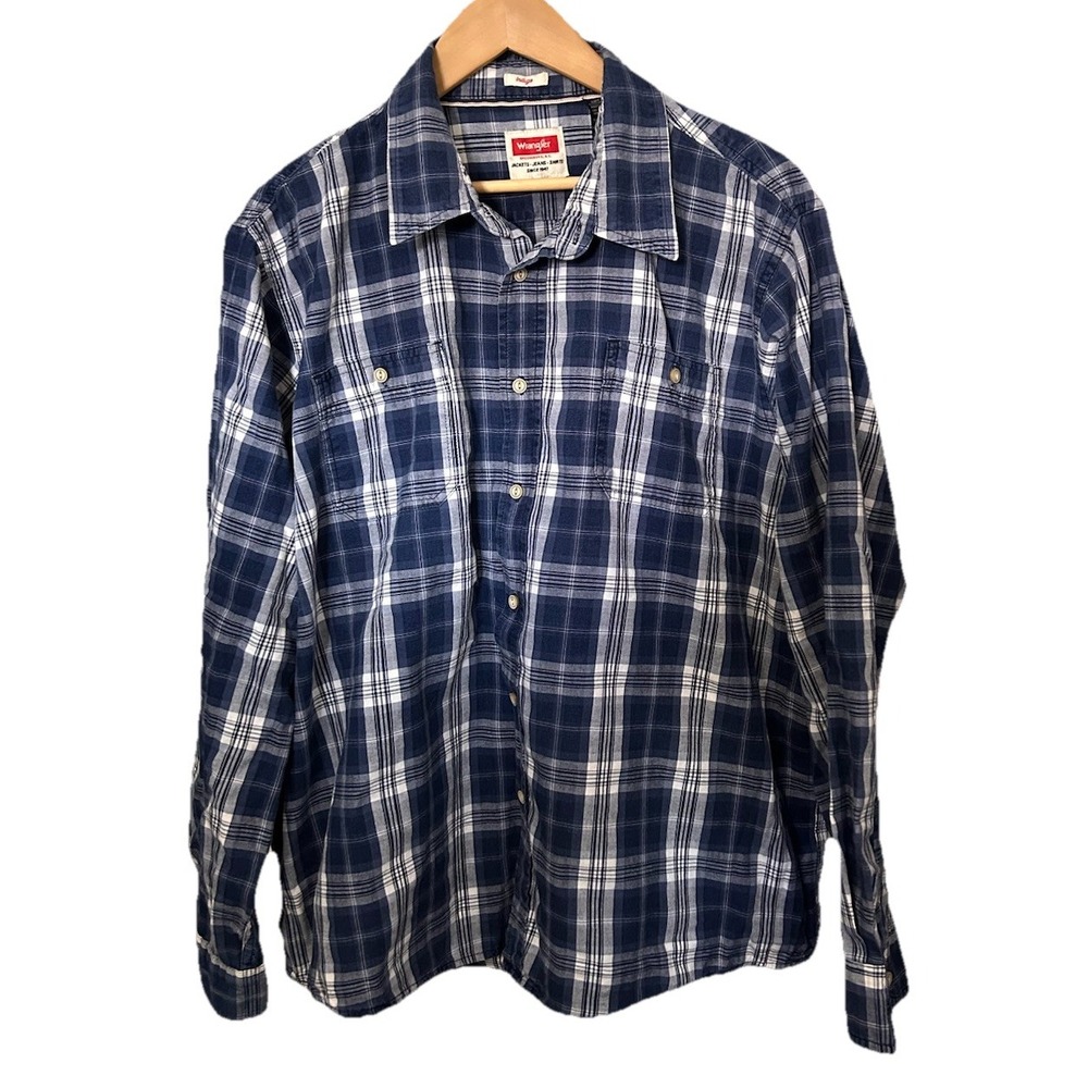 Wrangler Indigo Men's 2XL Blue Plaid Western Button Up Long Sleeve Shirt 00283
